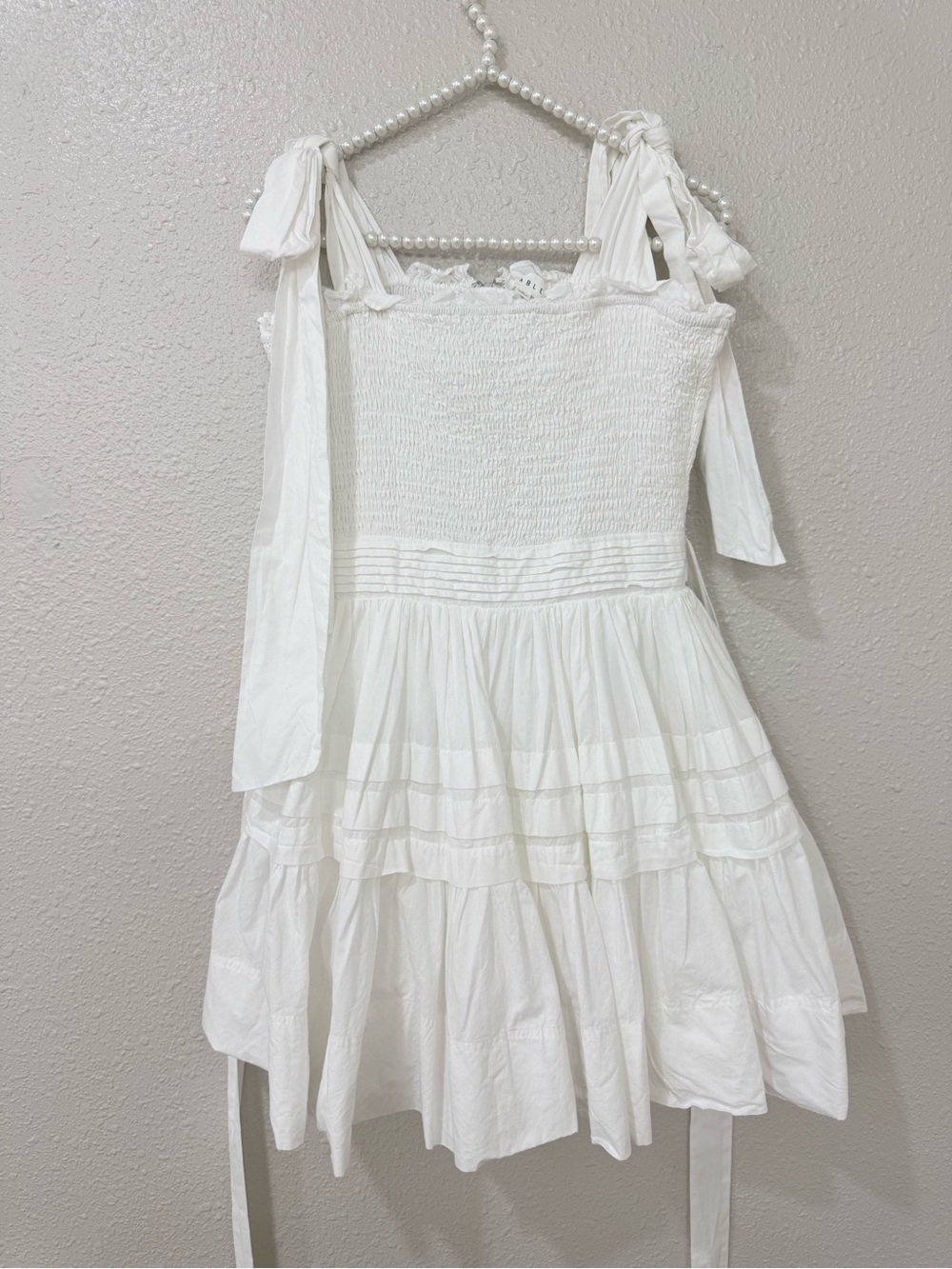 MABLE White Smocked Cotton Tie Strap Mini Dress Size L Cottagecore Babydoll